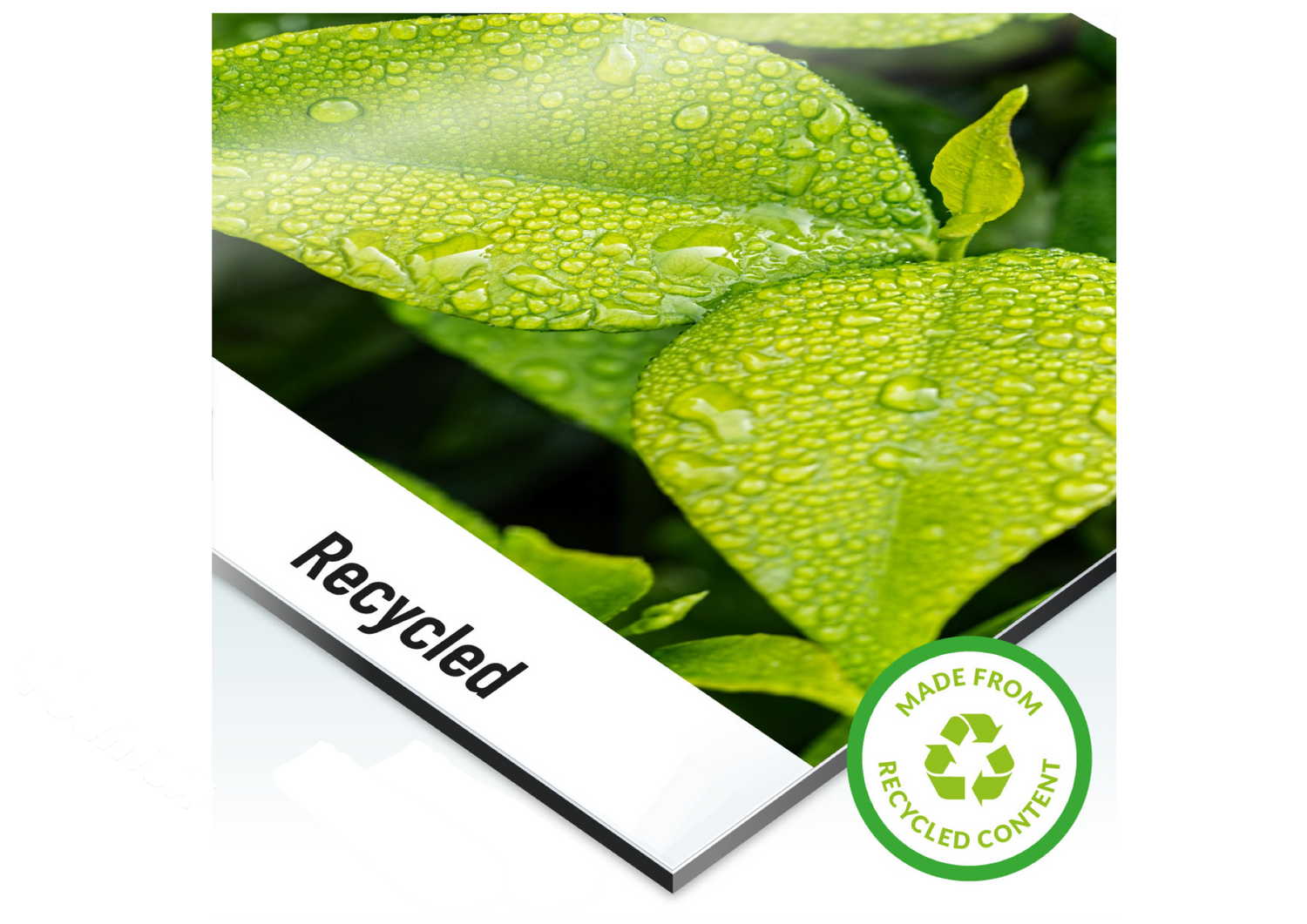 Product packaging with green leaves and water droplets, featuring the word 'Recycled' and a recycling logo.