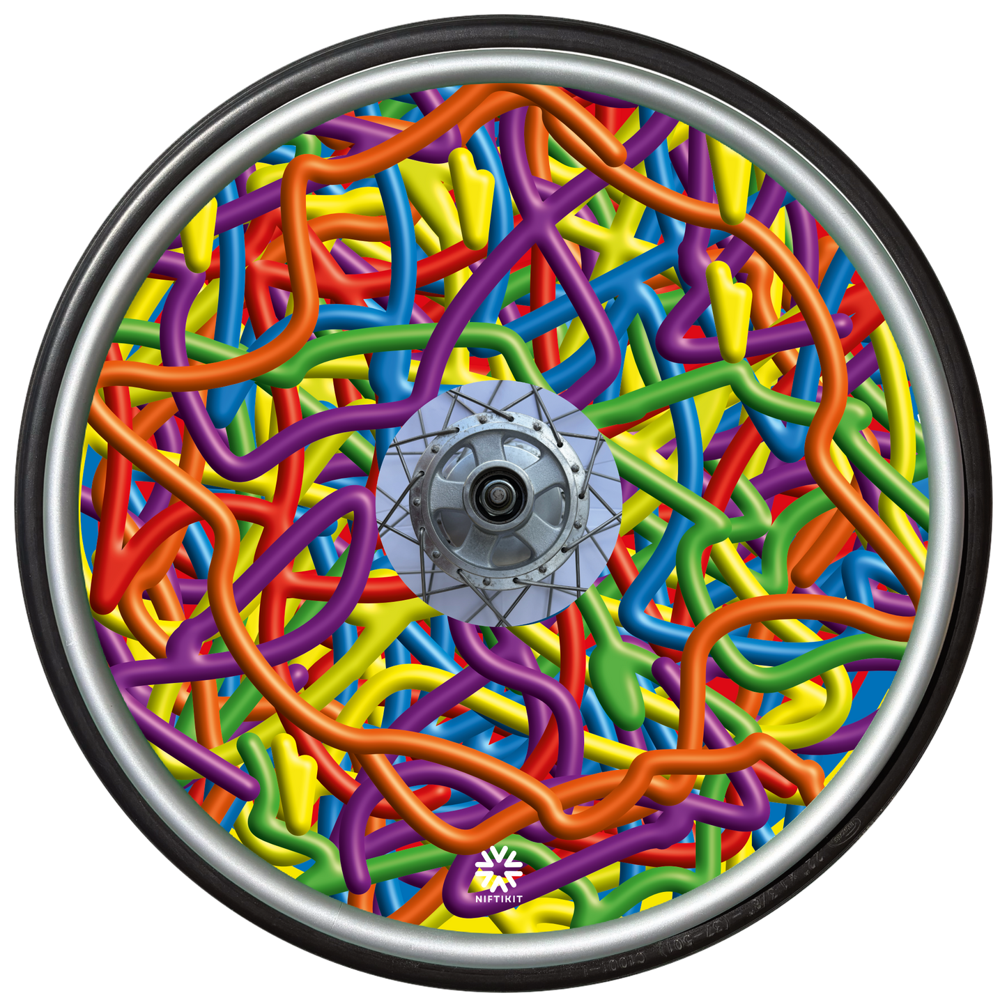 Colorful Wheelchair wheel cover with a busy 3D scribble spaghetti pattern in bright colours.