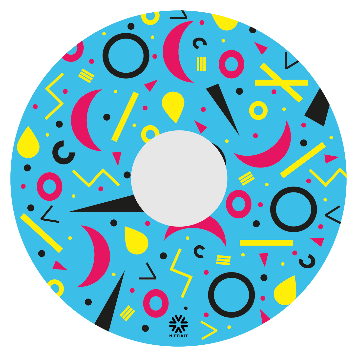 Spoke guard disc with rings, lines and moons patterns in pink, black, yellow. Centre hub cutout, small Niftikit label. Blue background.