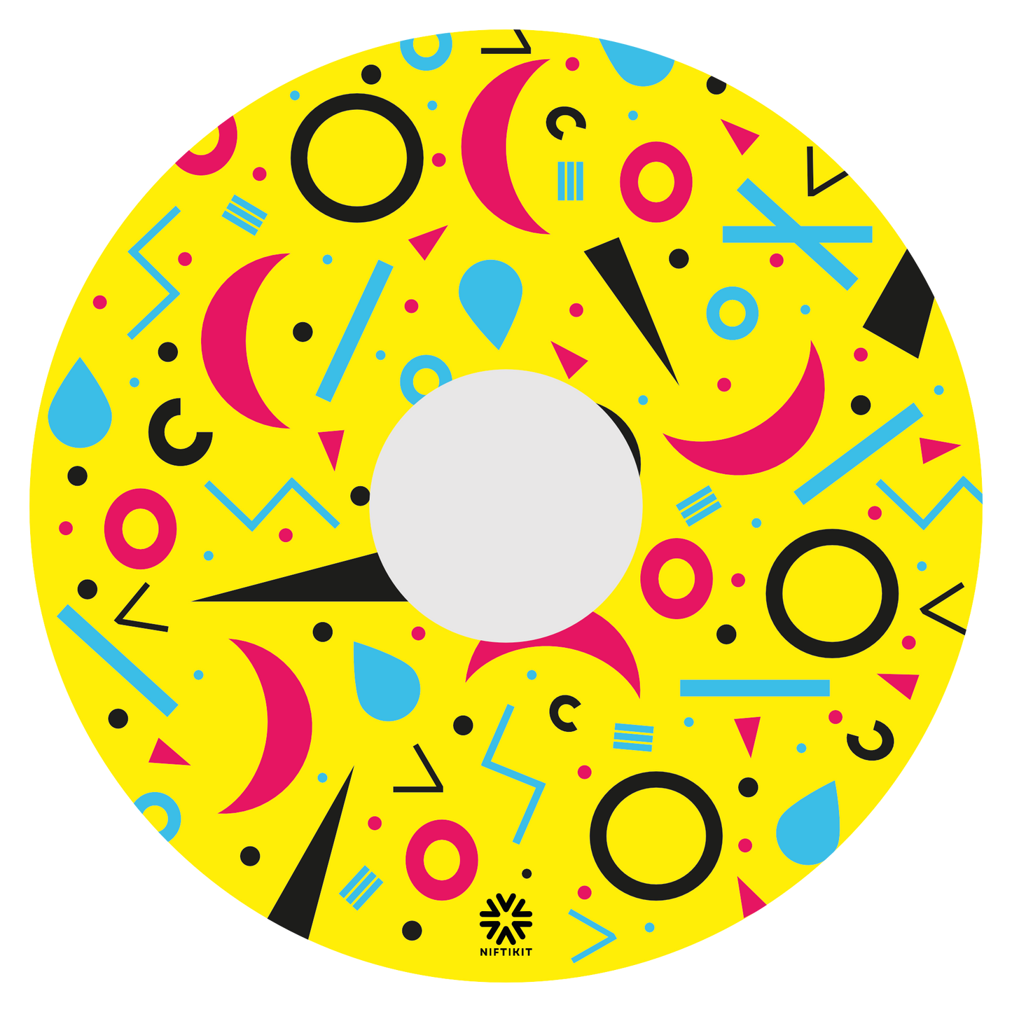 Spoke guard disc with rings, lines and moons patterns in pink, blue, black. Centre hub cutout, small Niftikit label. Yellow background.