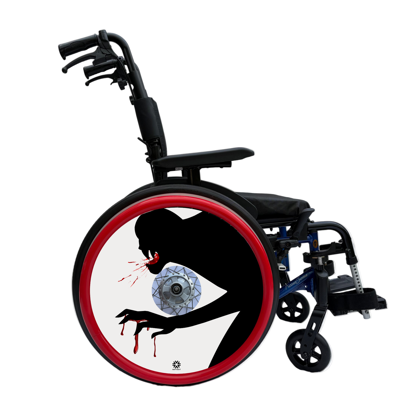 Wheelchair wheel cover on a wheel with red pushrim covers, featuring the silhouette of a monster with blood on mouth and hands on a white background.