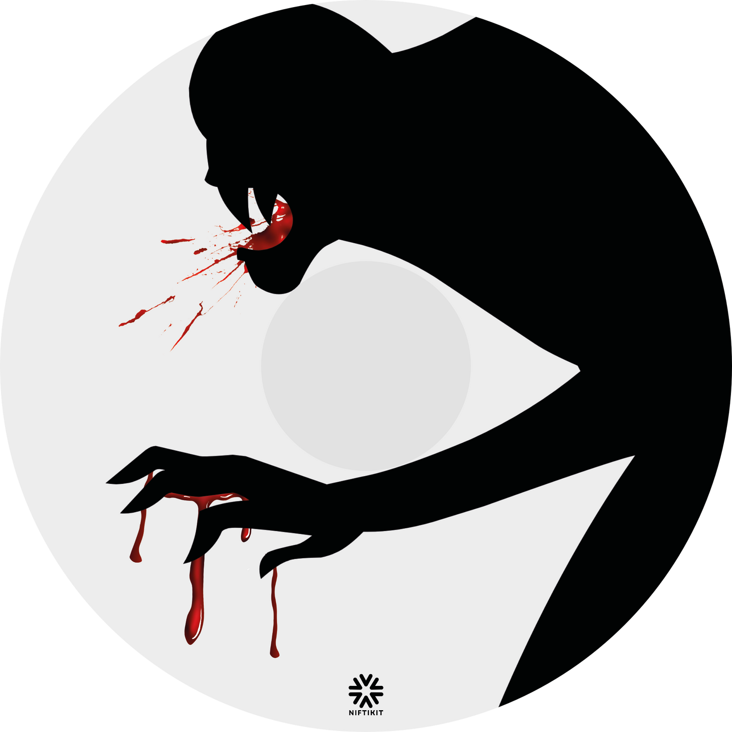 Wheelchair wheel cover featuring the silhouette of a monster with blood on mouth and hands on a white background.