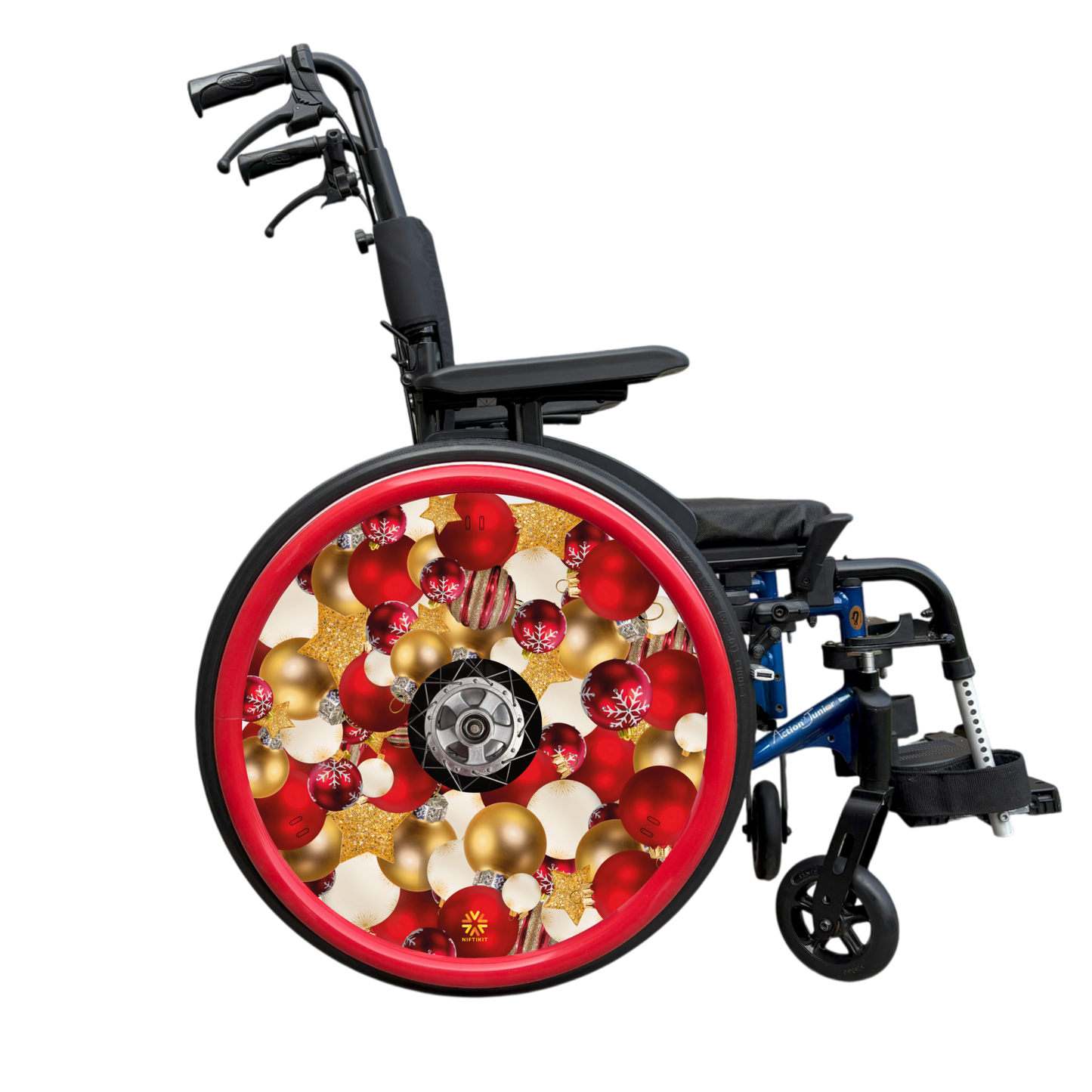 Wheelchair with a festive wheel cover filled with multiple red, white and gold baubles and red push rim covers