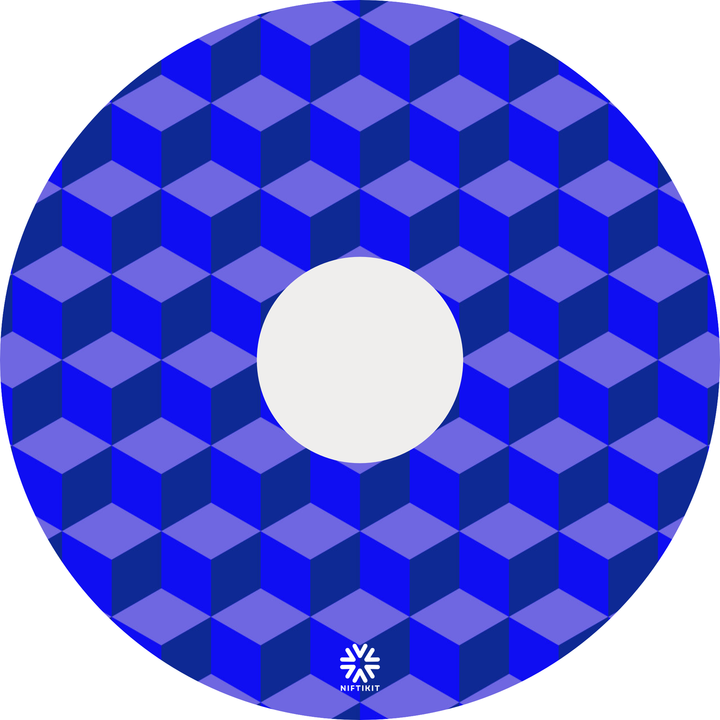 Wheelchair wheel cover with blue geometric-bricks pattern with a small white visible Niftikit logo and centre hub cutout.