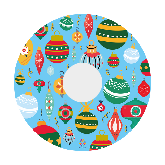 Wheelchair wheel cover of colorful Christmas baubles on a blue background