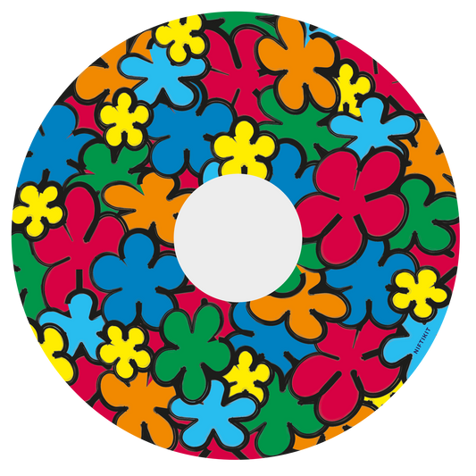 Spoke guard cover with a colorful, cartoon flowers, in red, orange, green, yellow and blue. Includes centre hub cutout