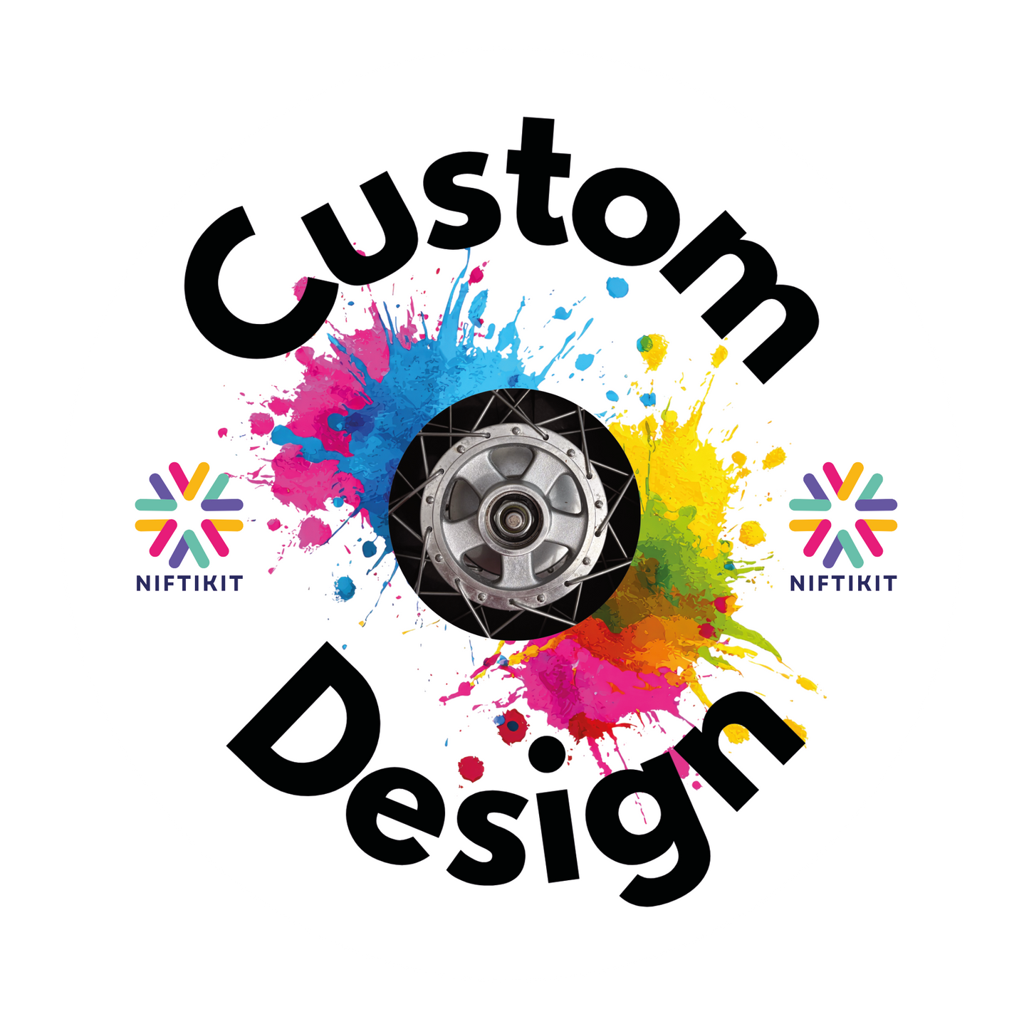 Custom wheelchair wheel cover by Niftikit featuring a colourful personalised design option, sizes to fit most wheelchairs