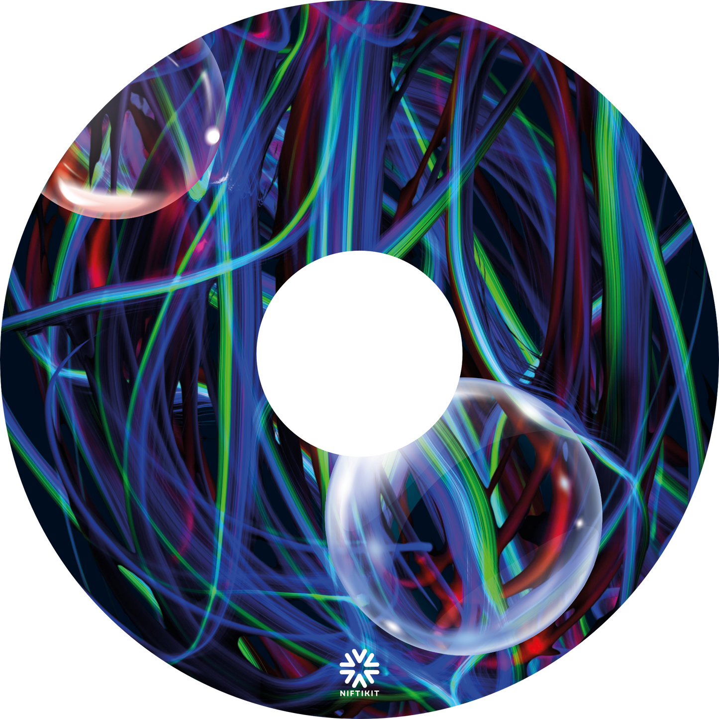 Colorful abstract design of blues, greens and purple strands with opaque bubbles on a wheelchair wheel cover with centre cut out and a Niftikit brand logo at the bottom in white.