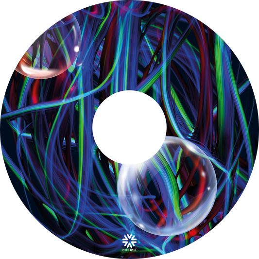 Colorful abstract design of blues, greens and purple strands with opaque bubbles on a wheelchair wheel cover with centre cut out and a Niftikit brand logo at the bottom in white.