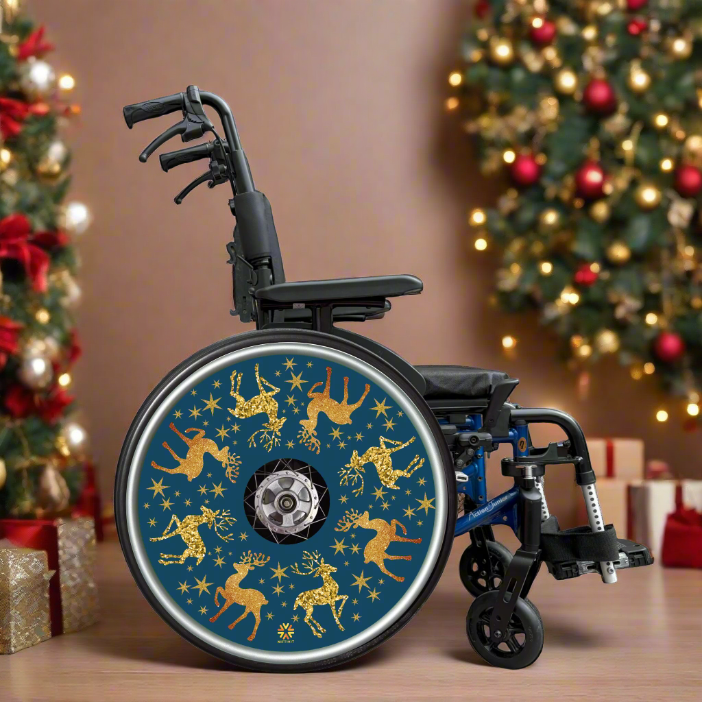 Wheelchair and spoke guard featuring sparkly golden reindeer running around the circumference