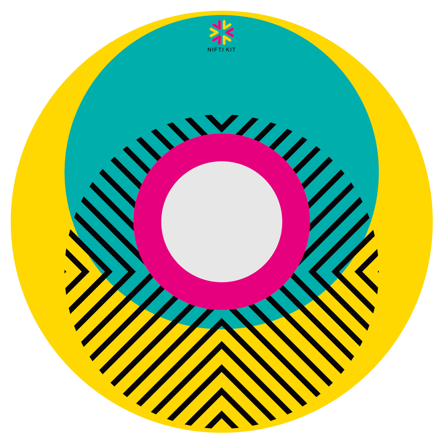 Spoke guard cover featuring bright geometric pattern including circles and lines. Yellow background with centre hub cutout and small Niftikit logo.