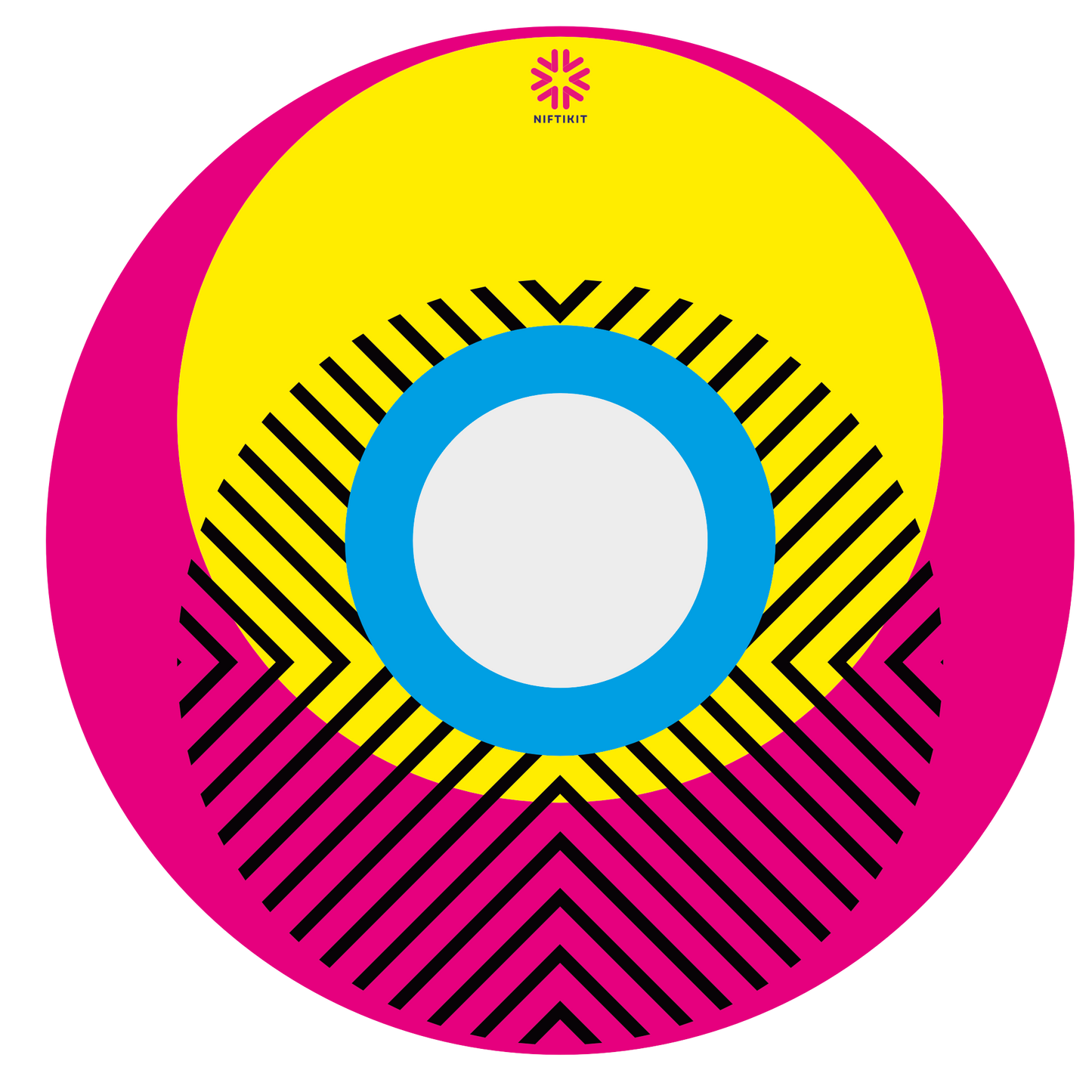 Spoke guard cover featuring bright geometric pattern including circles and lines. Dark pink background with centre hub cutout and small Niftikit logo.