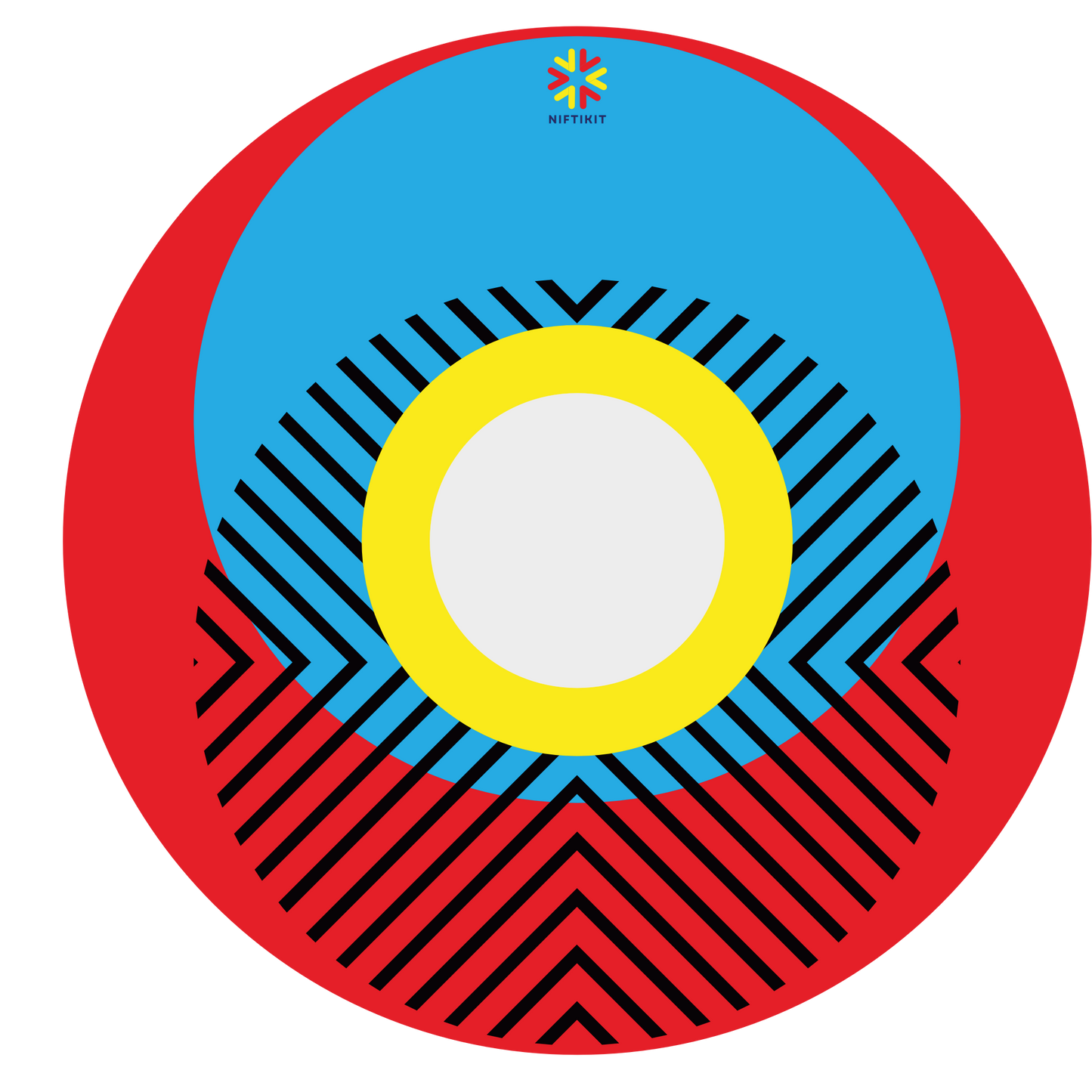 Spoke guard cover featuring bright geometric pattern including circles and lines. Red background with centre hub cutout and small Niftikit logo.