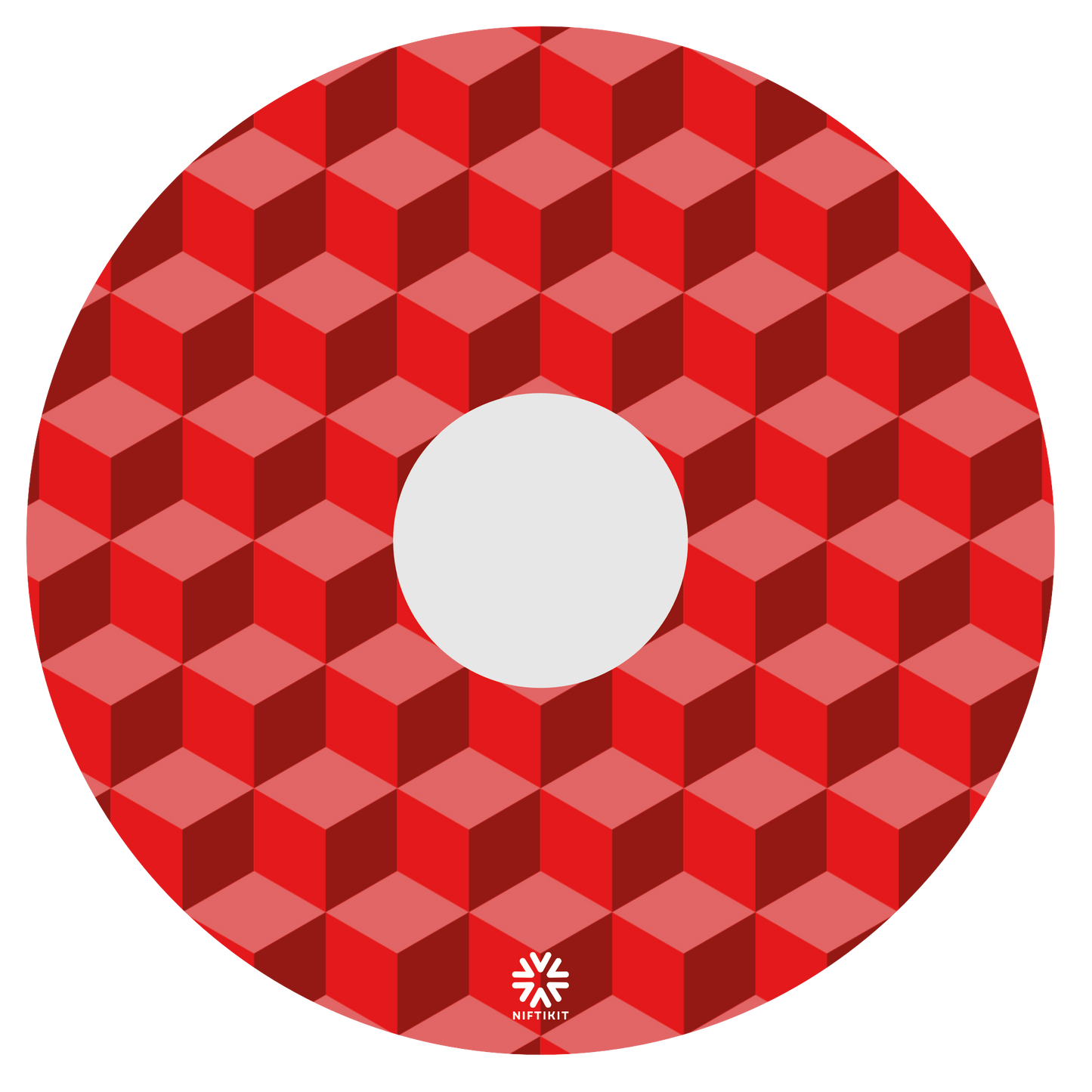 Wheelchair wheel cover with red geometric-blocks pattern with a small white visible Niftikit logo and centre hub cutout.