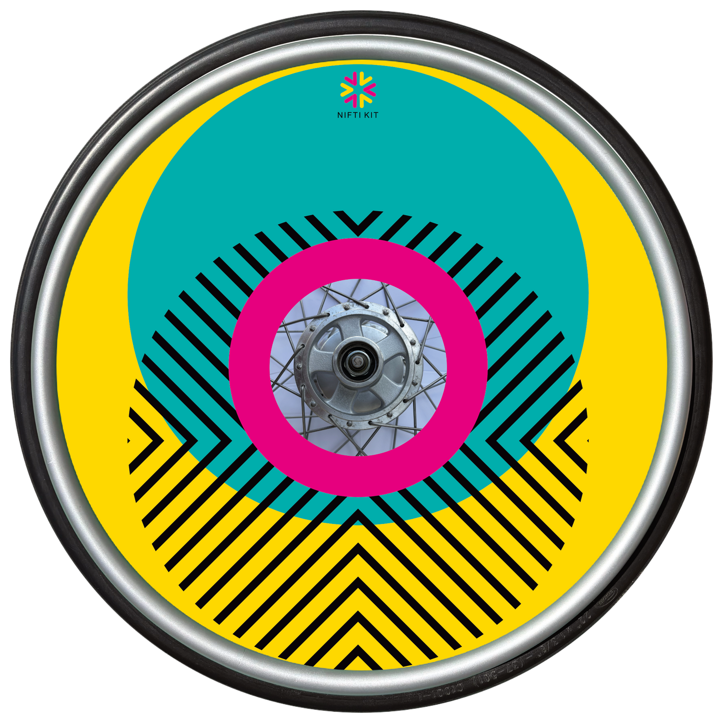 Wheelchair wheel with cover featuring bright geometric pattern including circles and lines. Yellow background with centre hub cutout and small Niftikit logo.