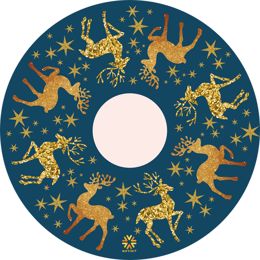 Wheelchair wheel guard cover featuring sparkly golden reindeer running around the circumference