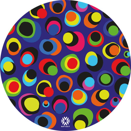 Wheelcover with colourful dot pattern spoke guard covers in bright multicolour circles on a dark blue background, Niftikit Gone Dotty design