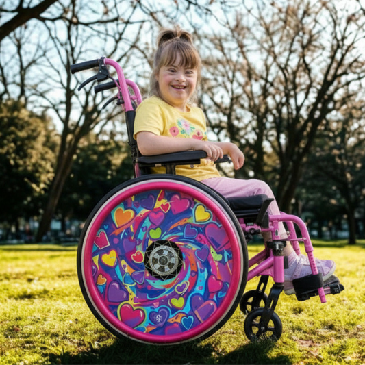 Girl sits in wheelchair with pink silicone push rim covers and spoke guards with bright swirls and multicoloured hearts