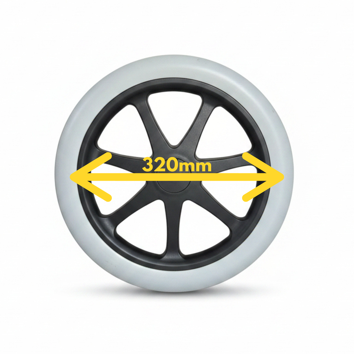 A 16 inch Transit style wheelchair wheel with 7 spokes, light gray or off-white tire, to pair with Niftikit 320mm spoke guard with no centre cutout