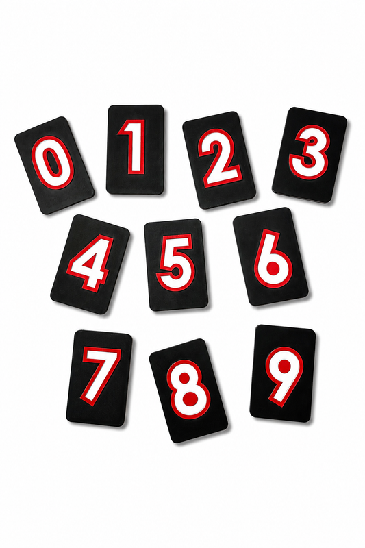 Nifti-Vision high contrast tactile number tiles 0-9 showing a raised number symbol with an internal channel for tactile tracing.