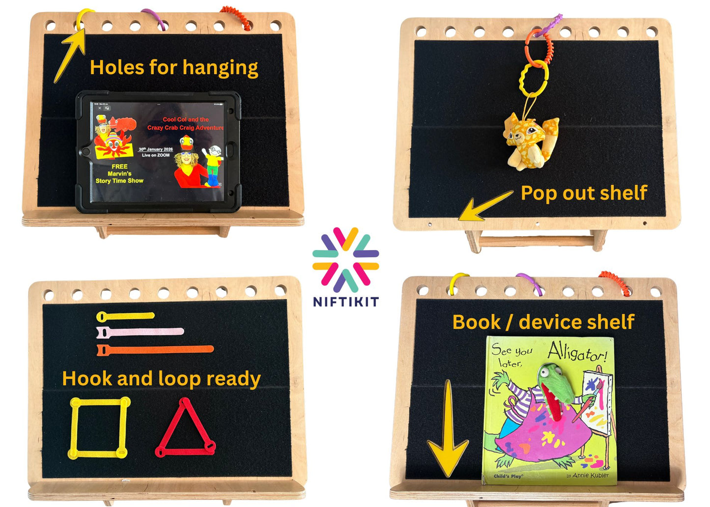 4 Niftikit desk frames, each one showing a different use, iPad holder, book holder , hanging toys and hook and loop finger tracking activity.