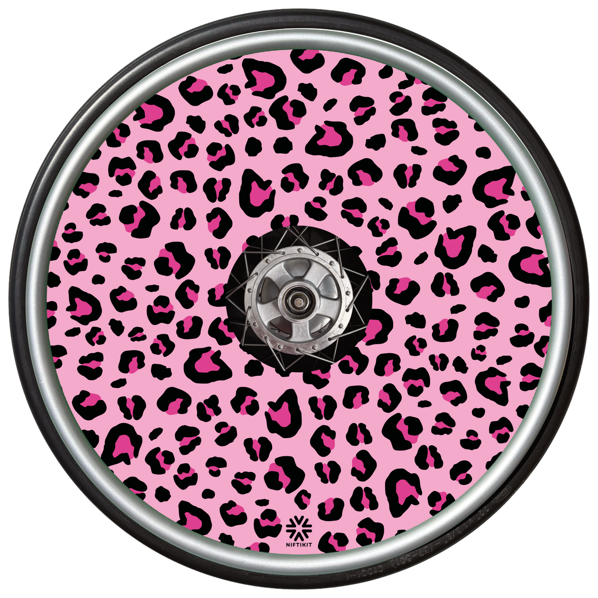 Pink Wheelchair Spoke Guard with black and pink leopard print pattern on a light pink background . Includes a small Niftikit logo in black at the bottom