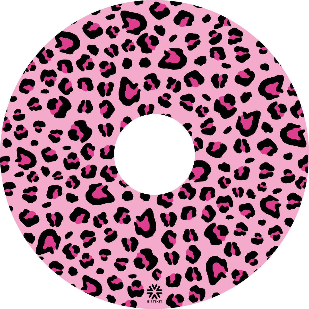 Pink Wheelchair Spoke Guard with black and pink leopard print pattern on a light pink background . Includes 135mm centre cutout and a small Niftikit logo in black at the bottom