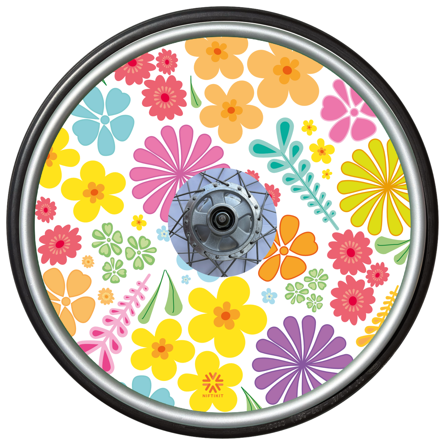 Wheelchair wheel cover with colorful floral pattern in pastel colours with centre hub cutout