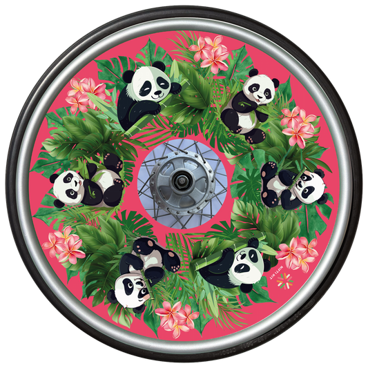 Wheelchair wheel with cover featuring cute panda illustrations, flowers, and leaves on a pink background