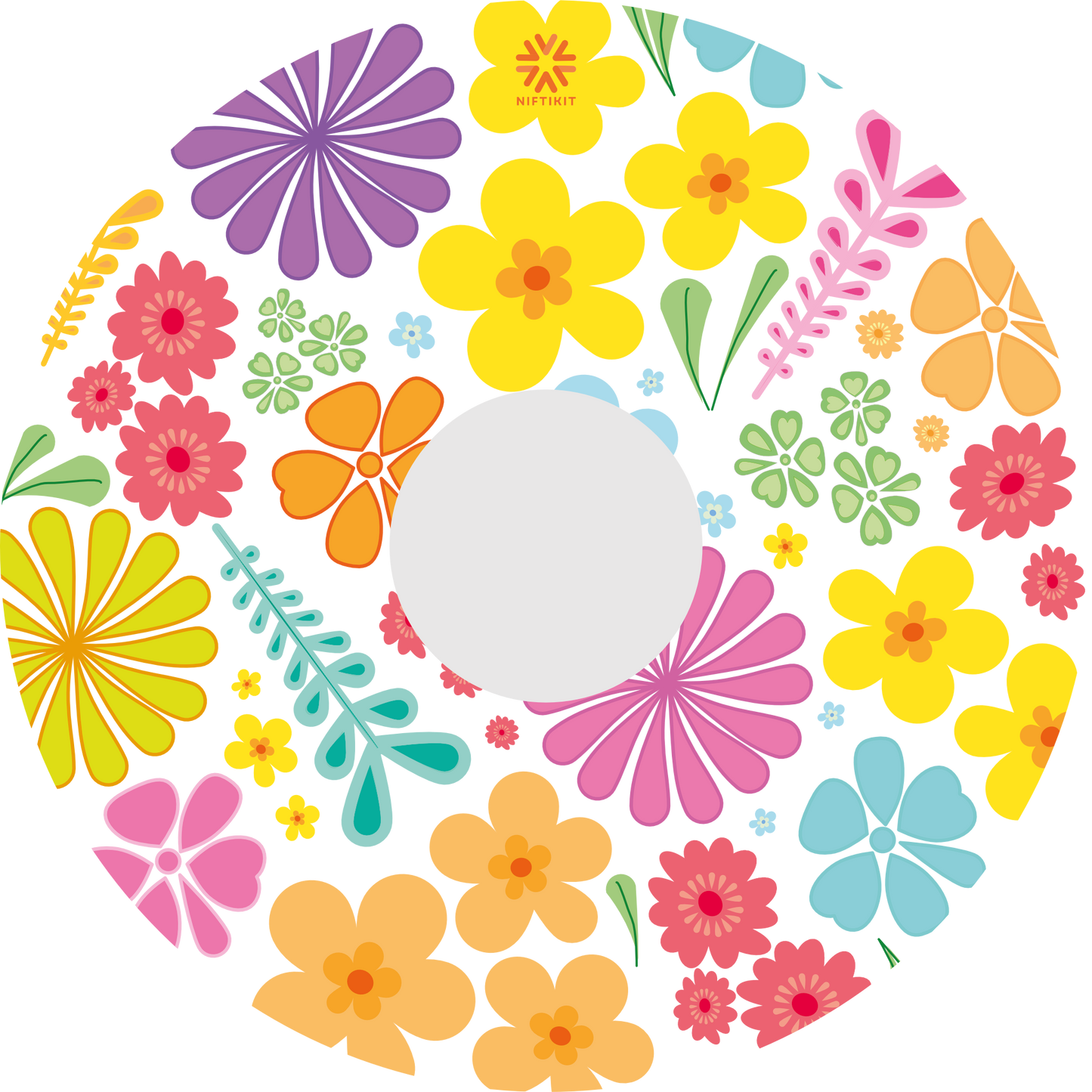 Wheelchair spoke guard cover with colorful floral pattern in pastel colours with centre hub cutout