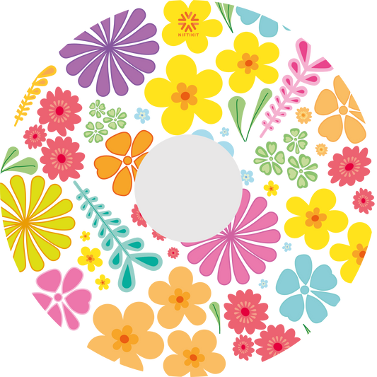 Wheelchair spoke guard cover with colorful floral pattern in pastel colours with centre hub cutout