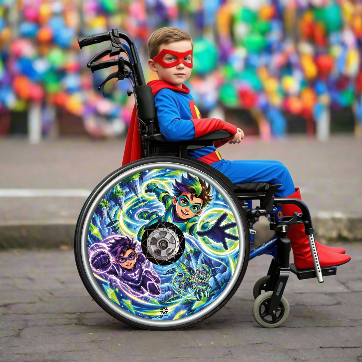 Child using a wheelchair with colourful superhero wheel covers fitted to the rear wheel, showing the design in use.