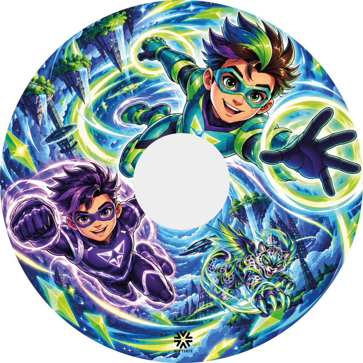Colourful superhero wheel cover design featuring two superhero characters and a superhero animal flying through a vibrant fantasy landscape.