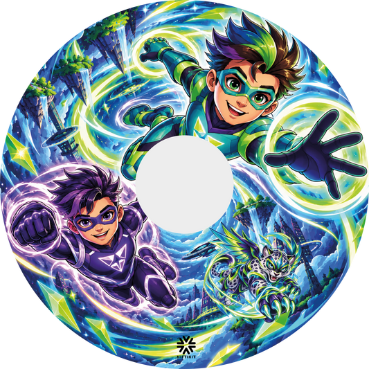 Colourful superhero wheel cover design featuring two superhero characters and a superhero animal flying through a vibrant fantasy landscape.
