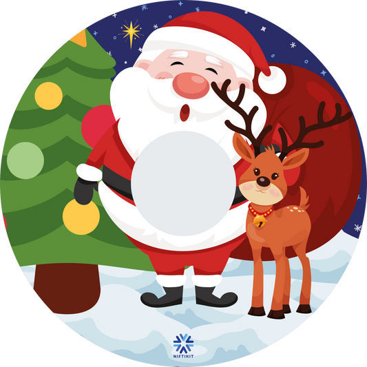Festive wheelchair wheel cover featuring cartoon Santa Claus with a reindeer and Christmas tree on a snowy background