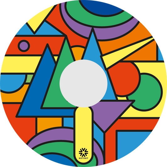 Wheel cover with colorful bold geometric shapes in bright colours. Small black Niftikit logo and centre cutout.