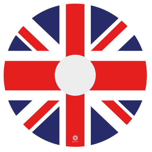 Wheelchair spoke guard cover with Union Jack design includes center cutout