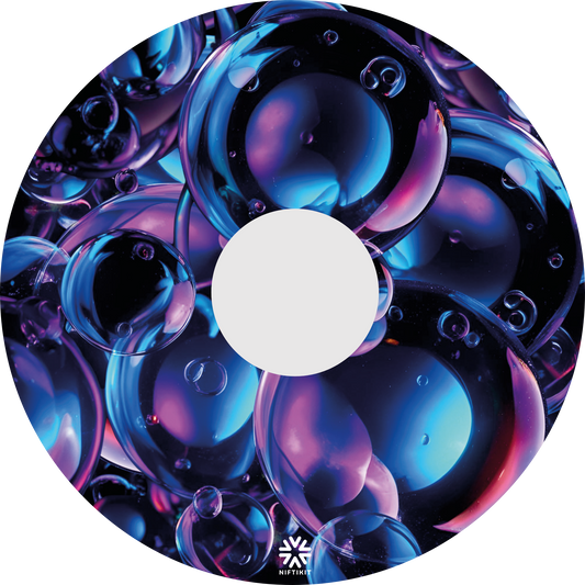 Decorative wheel cover with abstract blue and purple bubbles with small Niftikit logo in white. Includes centre cutout for wheel hub.