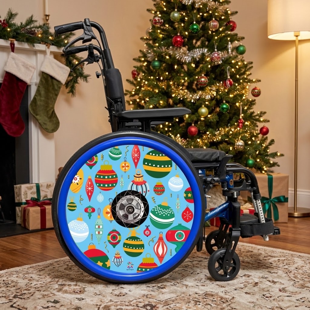 A black manual wheelchair with a light blue and multicolor Christmas ornament pattern spoke guard on the large rear wheel, positioned in a cozy living room setting with a decorated Christmas tree, fireplace, stockings, and wrapped gifts in the background.