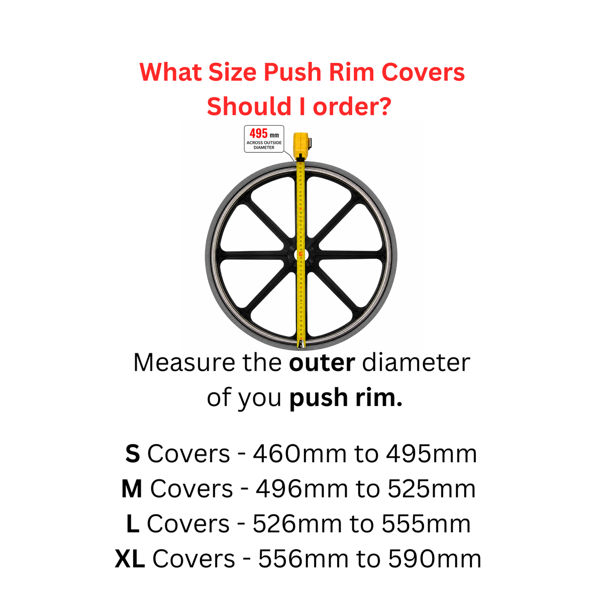A size guide graphic for wheelchair push rim covers showing a wheel diagram with a yellow vertical measurement tape and text explaining how to measure the outer diameter and which size category fits based on millimeter ranges.