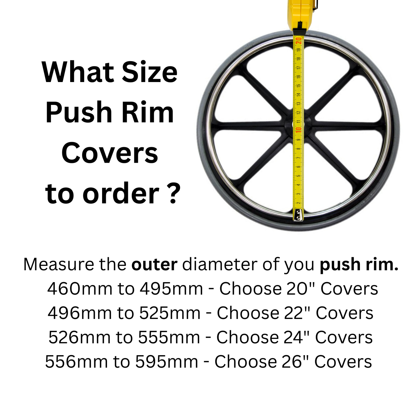 Measurement Guide for wheelchair push rim covers. Wheelchair wheel, with a tape measure running through the centre from outer hand rim to outer hand rim. Niftikit Logo top left.