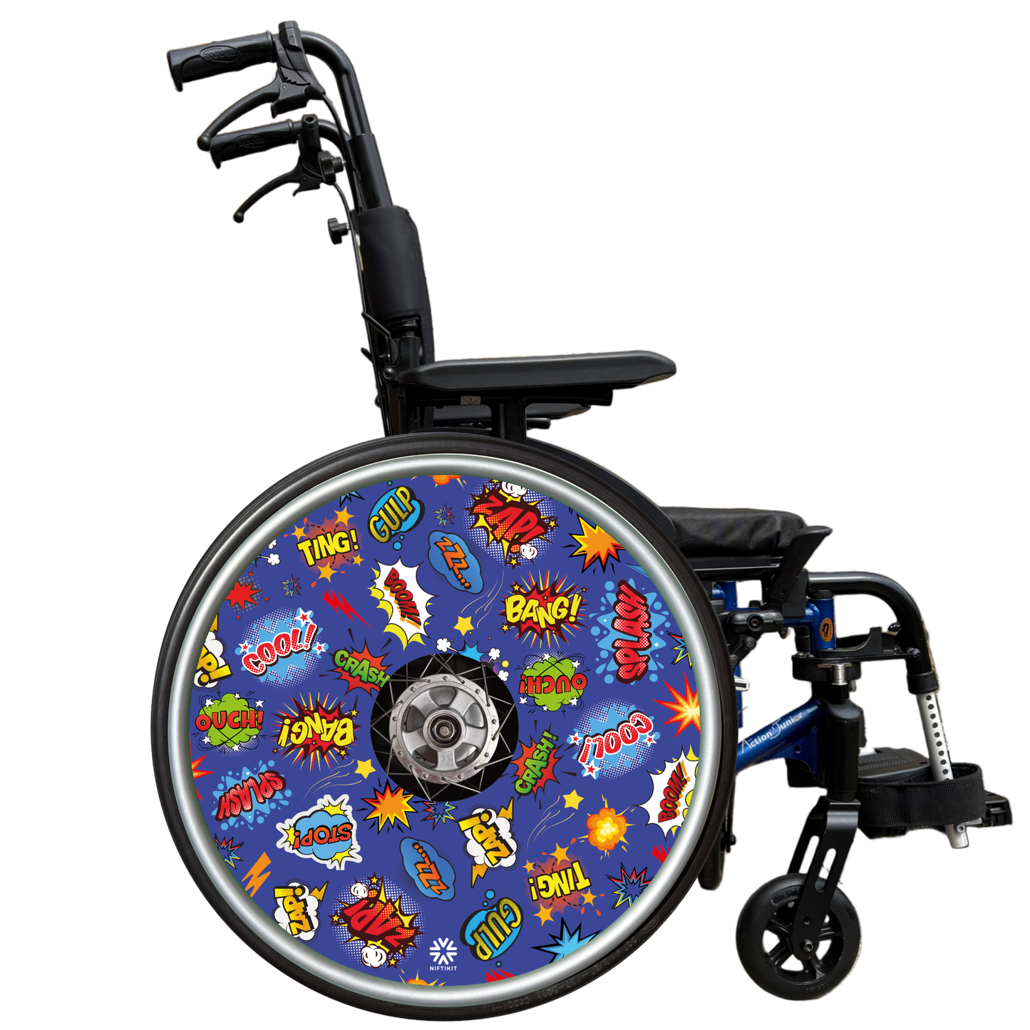Wheelchair with a colorful wheel cover featuring comic book sound effect graphics on a white background