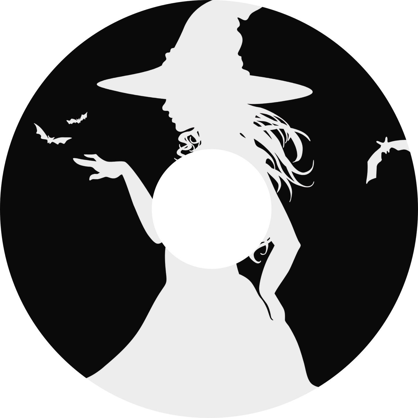 Wheelchair wheel cover featuring the white silhouette of a witch and bats on a black background.