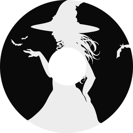 Wheelchair wheel cover featuring the white silhouette of a witch and bats on a black background.