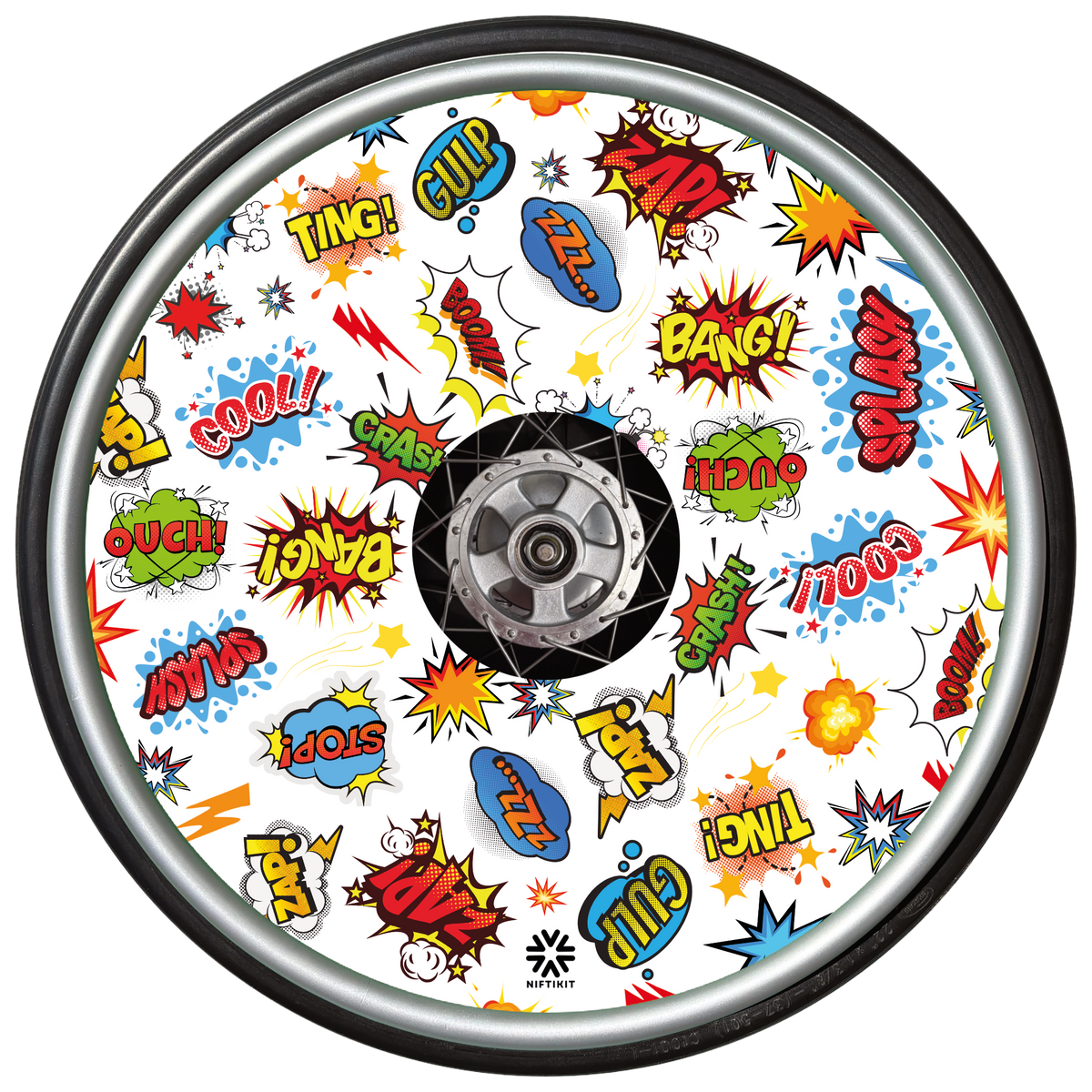 Whizz Pop wheel cover with colorful comic book sound effect graphics on a white background.