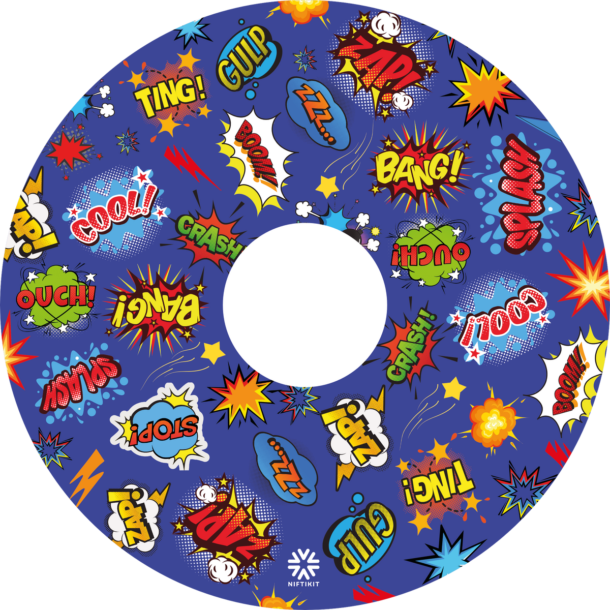 “Whizz Pop Bang wheelchair spoke guard – blue comic sound effect design – Niftikit