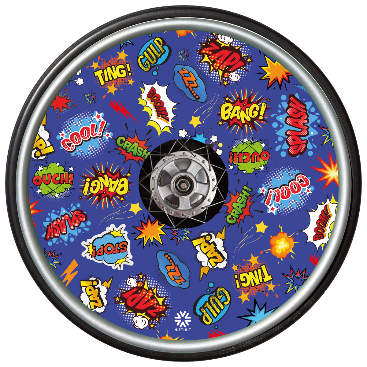 “Whizz Pop Bang wheelchair wheel cover – blue comic sound effect design – Niftikit