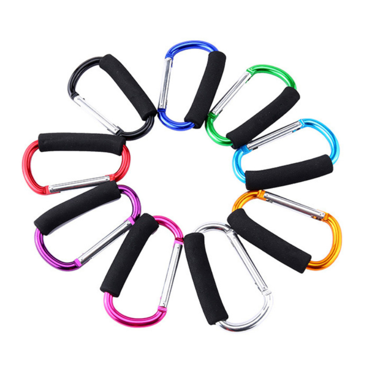 Colorful wheelchair carabiners with black foam arranged in a circle on a white background
