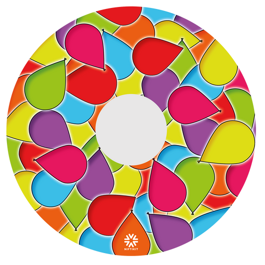 Spoke guard cover, which is covered in many multi coloured balloons in dark pink, yellow, green, blue, purple and red.