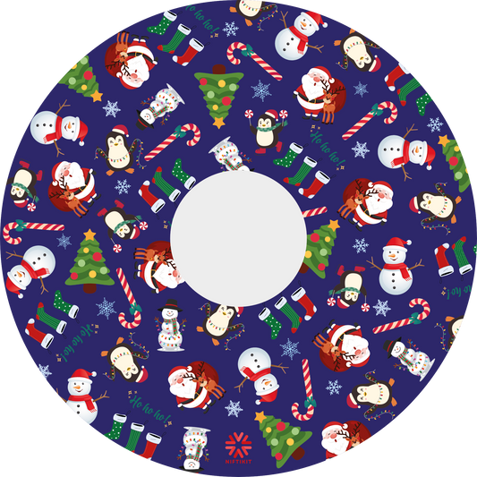 Wheelchair spoke cover with Christmas-themed cartoon pattern on a blue background